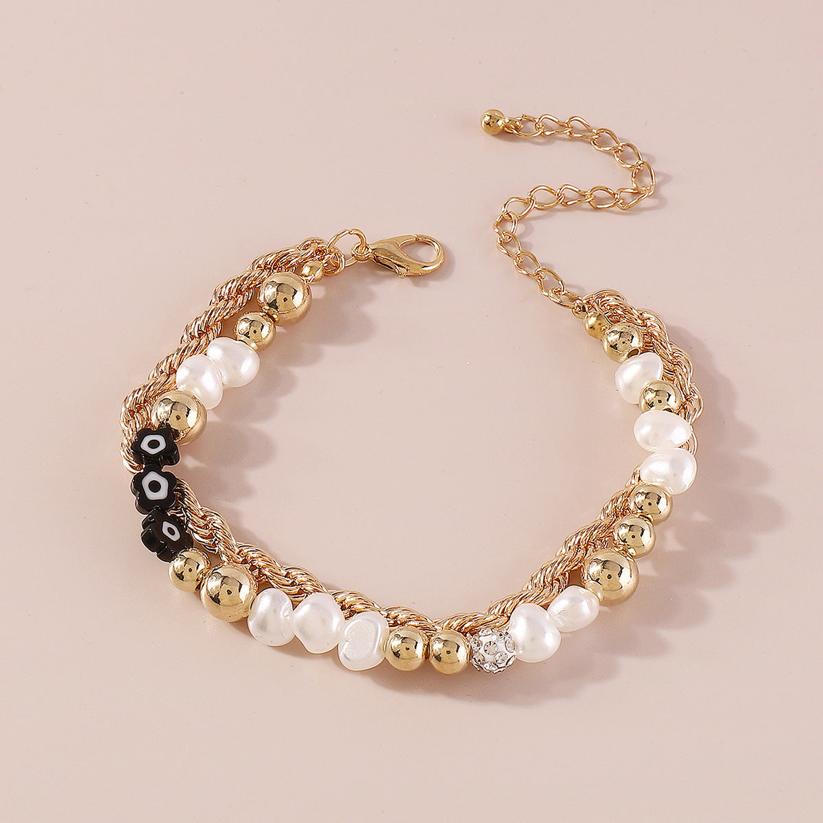 Pearl & Acrylic 18K Gold-Plated Twine Flower Layered Bracelet