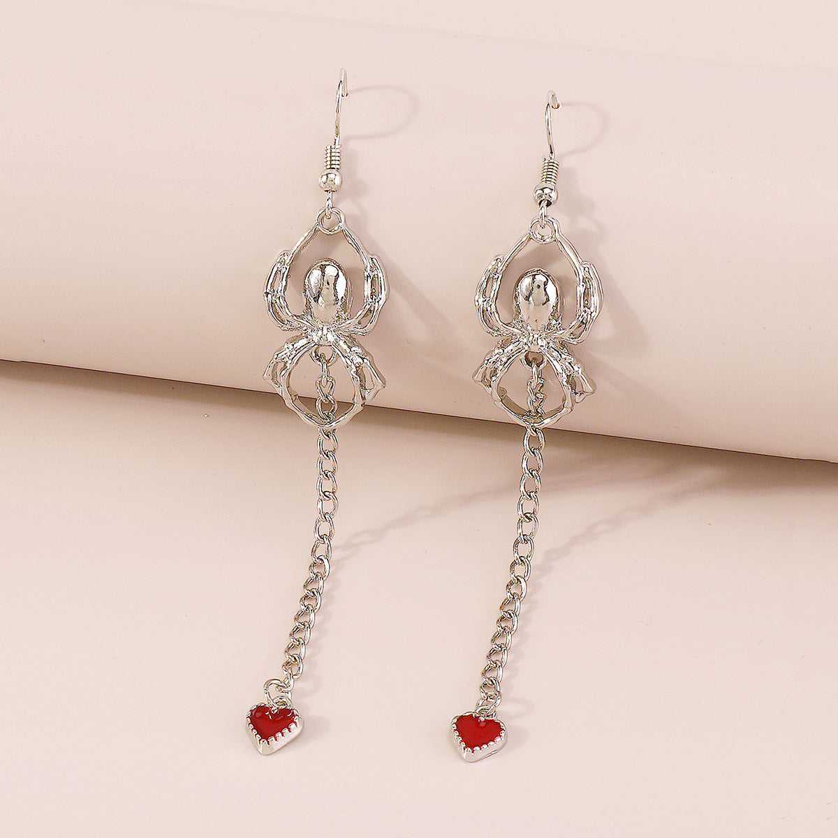 Red Enamel & Silver-Plated Spider Heart Drop Earring