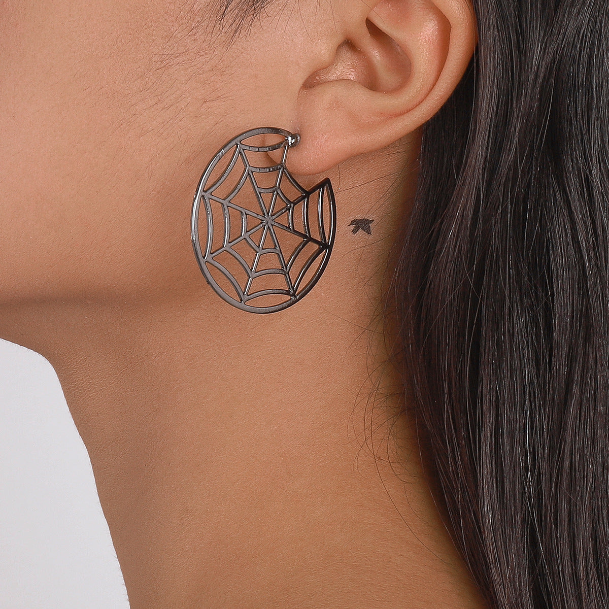 Black Cobweb & Spider Asymmetrical Huggie Earring