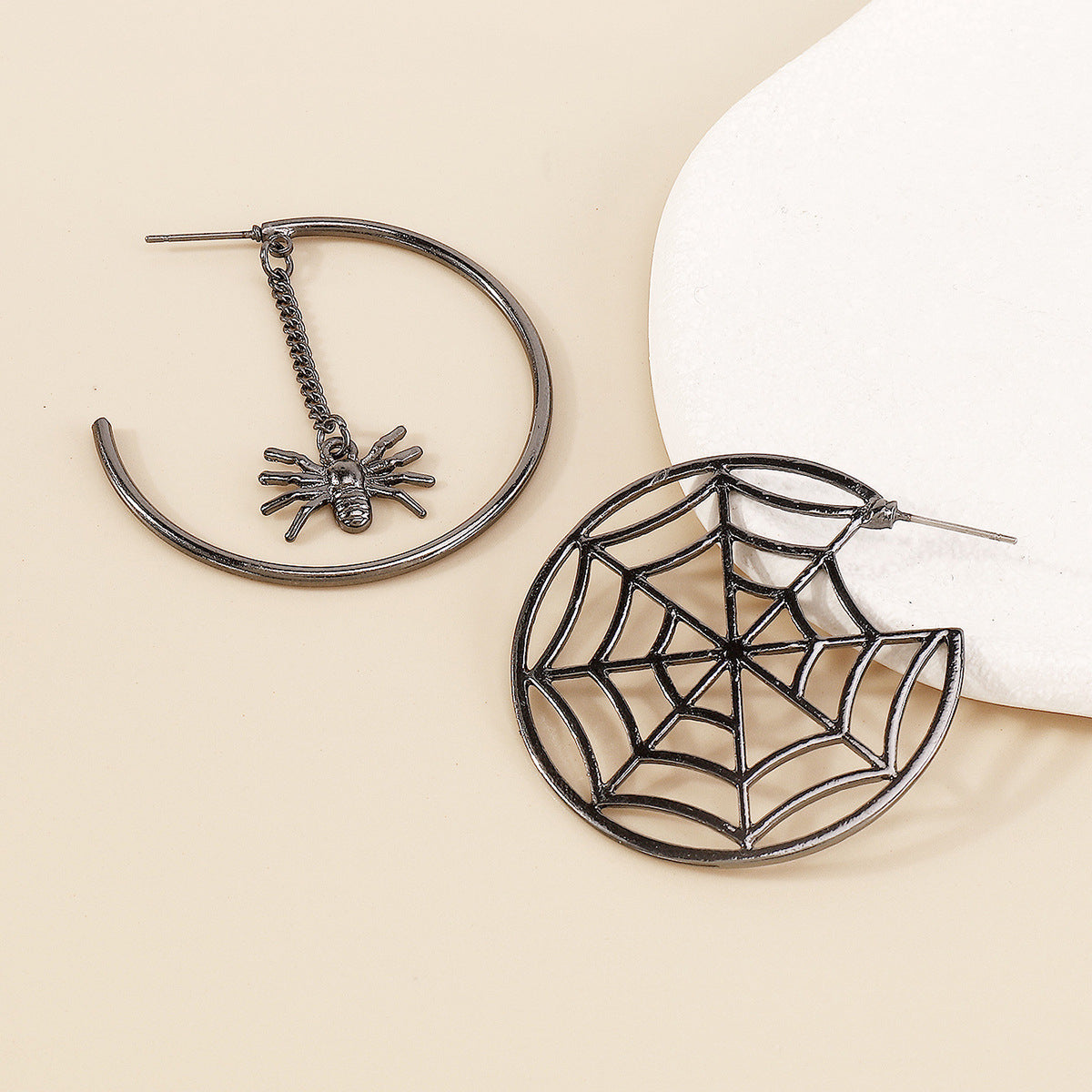 Black Cobweb & Spider Asymmetrical Huggie Earring