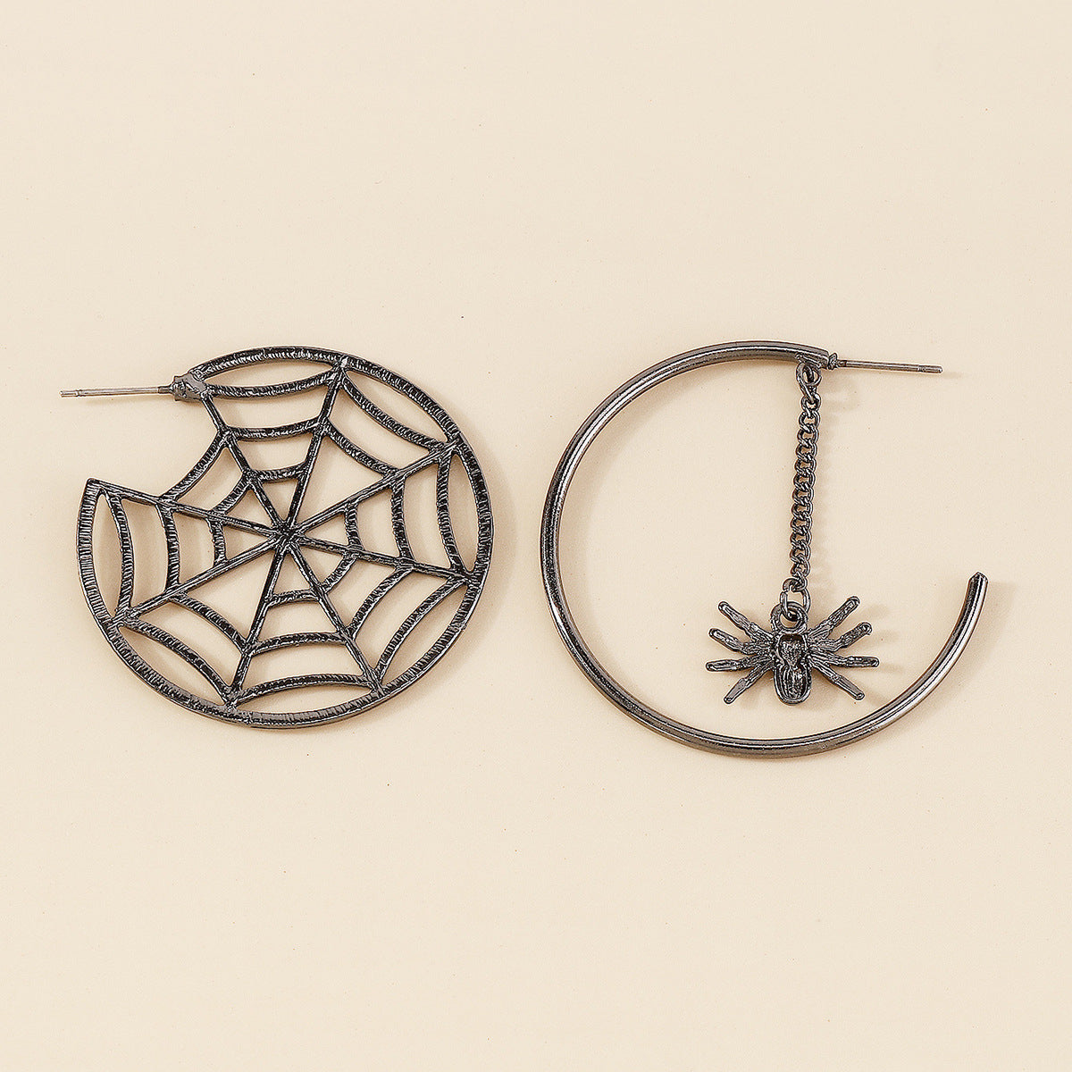 Black Cobweb & Spider Asymmetrical Huggie Earring