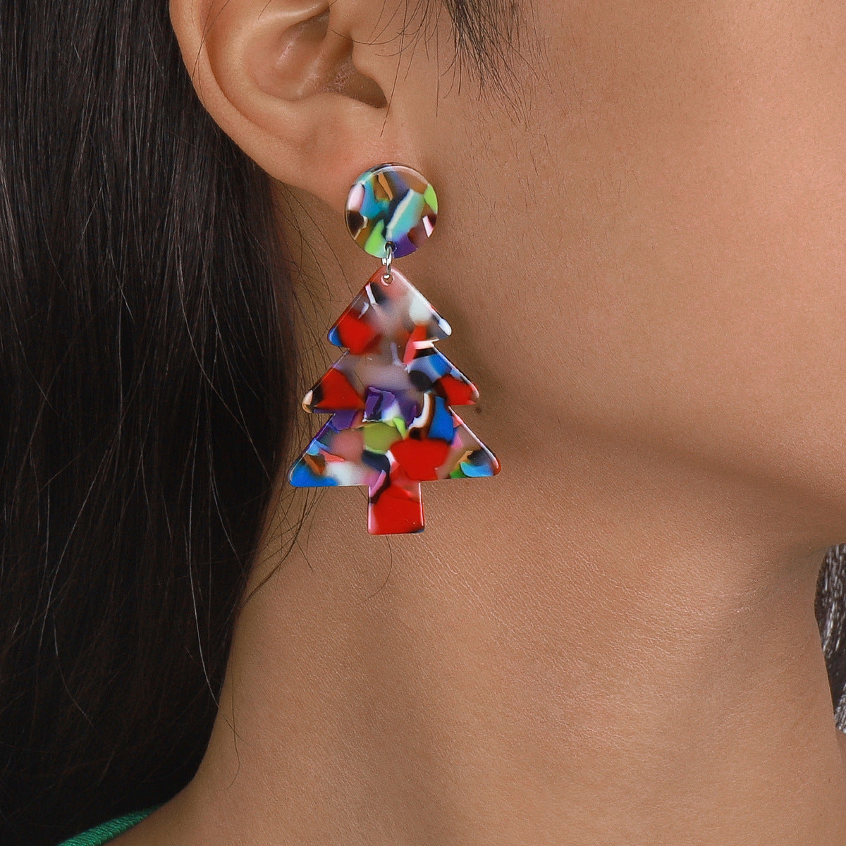 Red Multicolor Acrylic & Silver-Plated Christmas Tree Drop Earrings