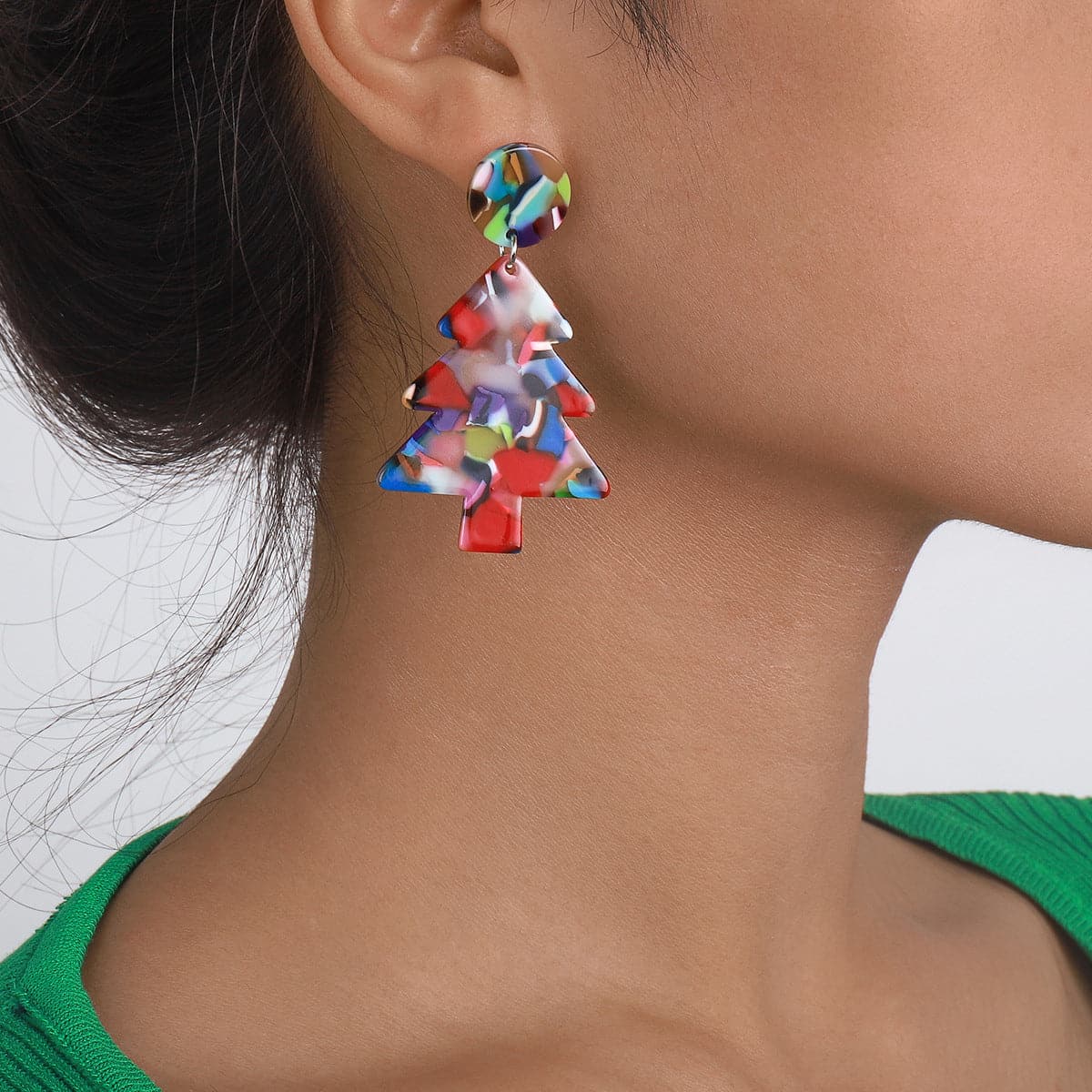 Red Multicolor Acrylic & Silver-Plated Christmas Tree Drop Earrings