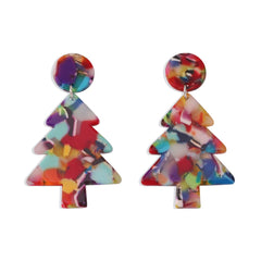 Red Multicolor Acrylic & Silver-Plated Christmas Tree Drop Earrings