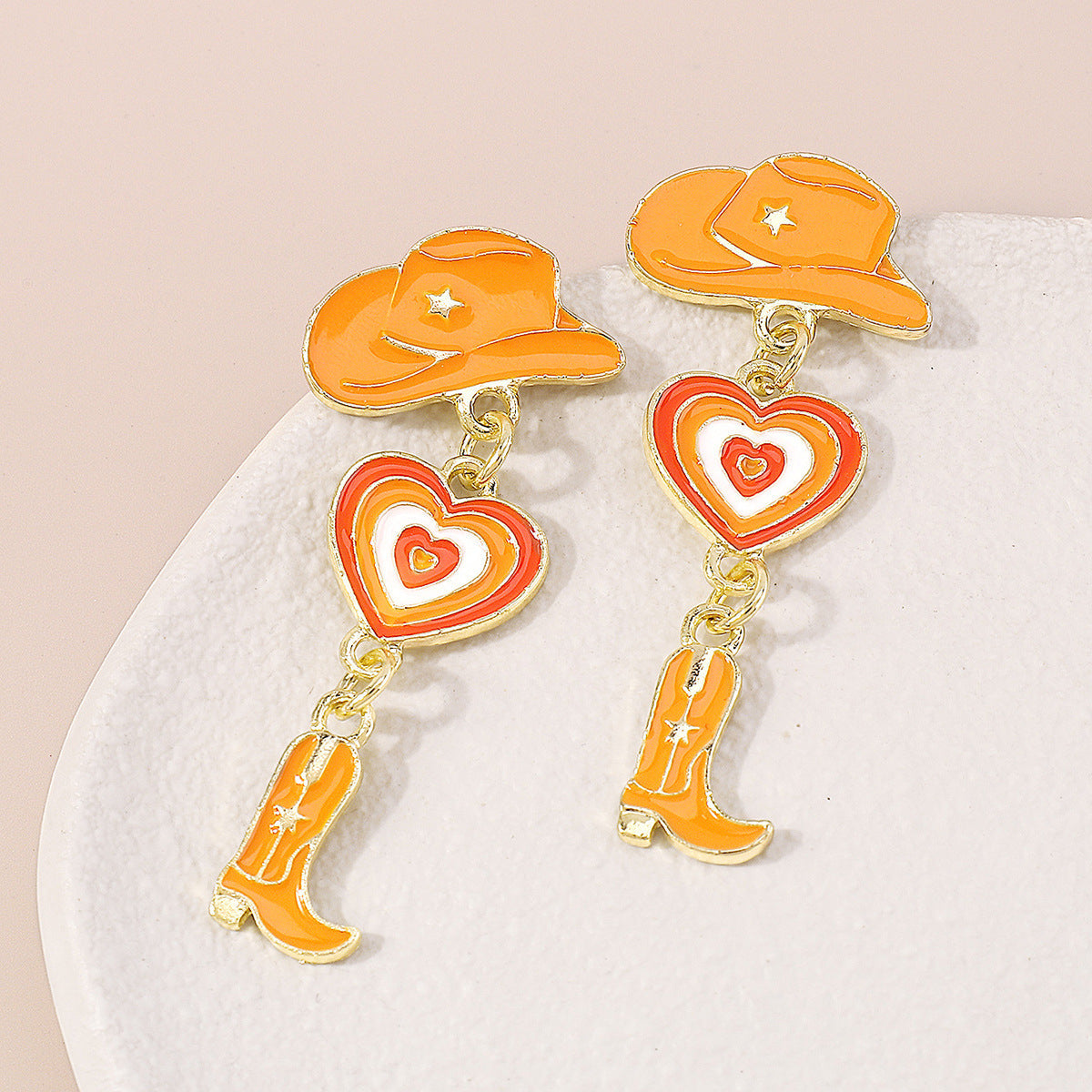 Orange Enamel & 18K Gold-Plated Cowgirl Heart Drop Earrings