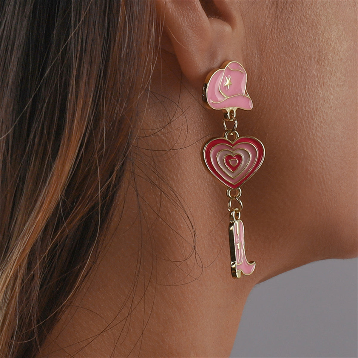 Pink Enamel & 18K Gold-Plated Cowgirl Heart Drop Earrings