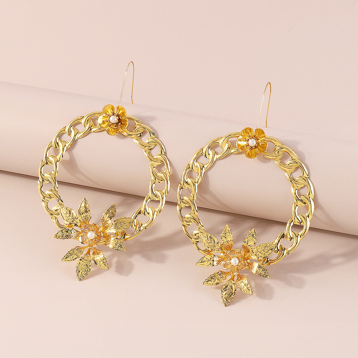 Pearl & 18K Gold-Plated Curb Chain Wreath Floral Drop Earrings