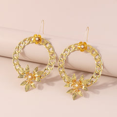 Pearl & 18K Gold-Plated Curb Chain Wreath Floral Drop Earrings