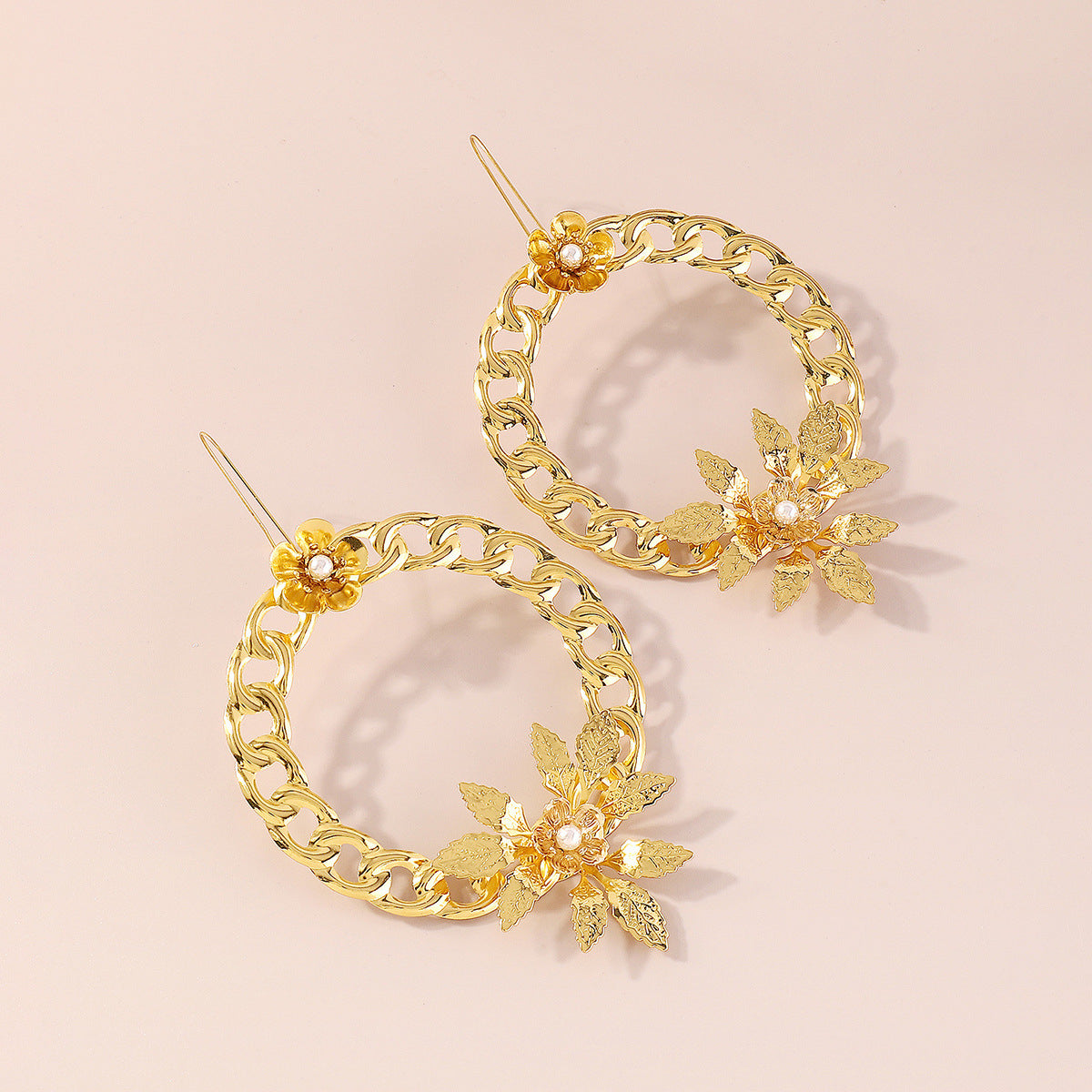 Pearl & 18K Gold-Plated Curb Chain Wreath Floral Drop Earrings