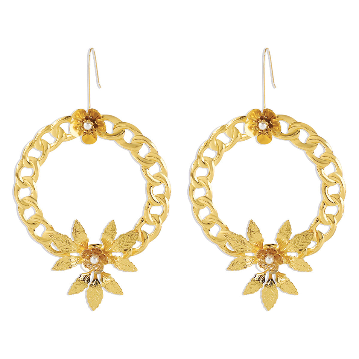 Pearl & 18K Gold-Plated Curb Chain Wreath Floral Drop Earrings