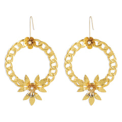 Pearl & 18K Gold-Plated Curb Chain Wreath Floral Drop Earrings