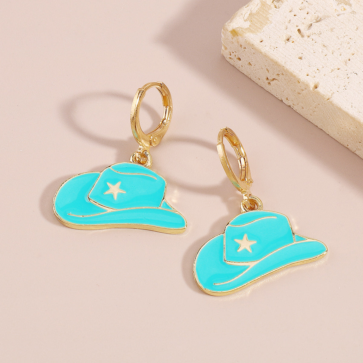 Blue Enamel & 18K Gold-Plated Star Cowboy Hat Huggie Earrings