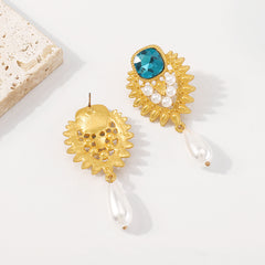 Blue Crystal & Pearl 18K Gold-Plated Botanical Heart Drop Earrings