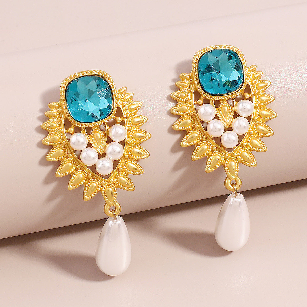 Blue Crystal & Pearl 18K Gold-Plated Botanical Heart Drop Earrings