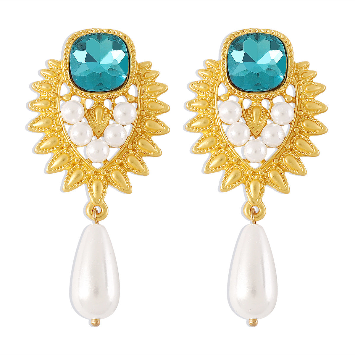 Blue Crystal & Pearl 18K Gold-Plated Botanical Heart Drop Earrings