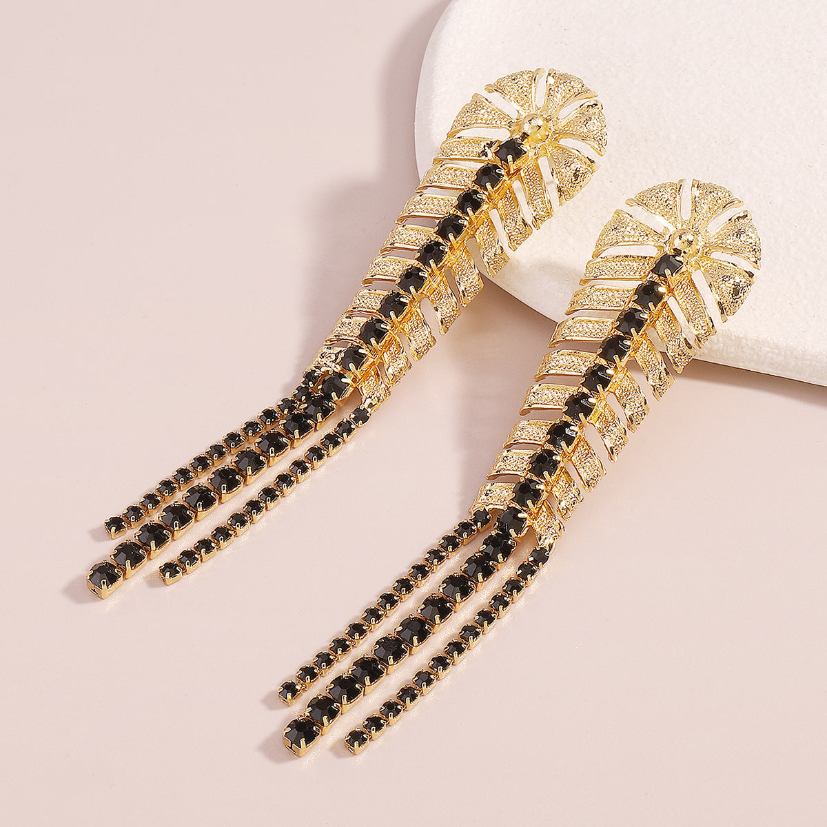 Black Cubic Zirconia & 18K Gold-Plated Chevron Drop Earrings