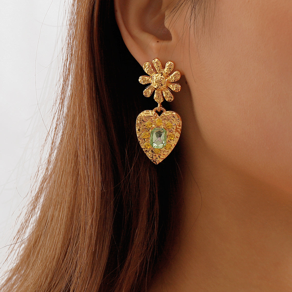 Green Crystal & 18K Gold-Plated Flower Heart Drop Earrings