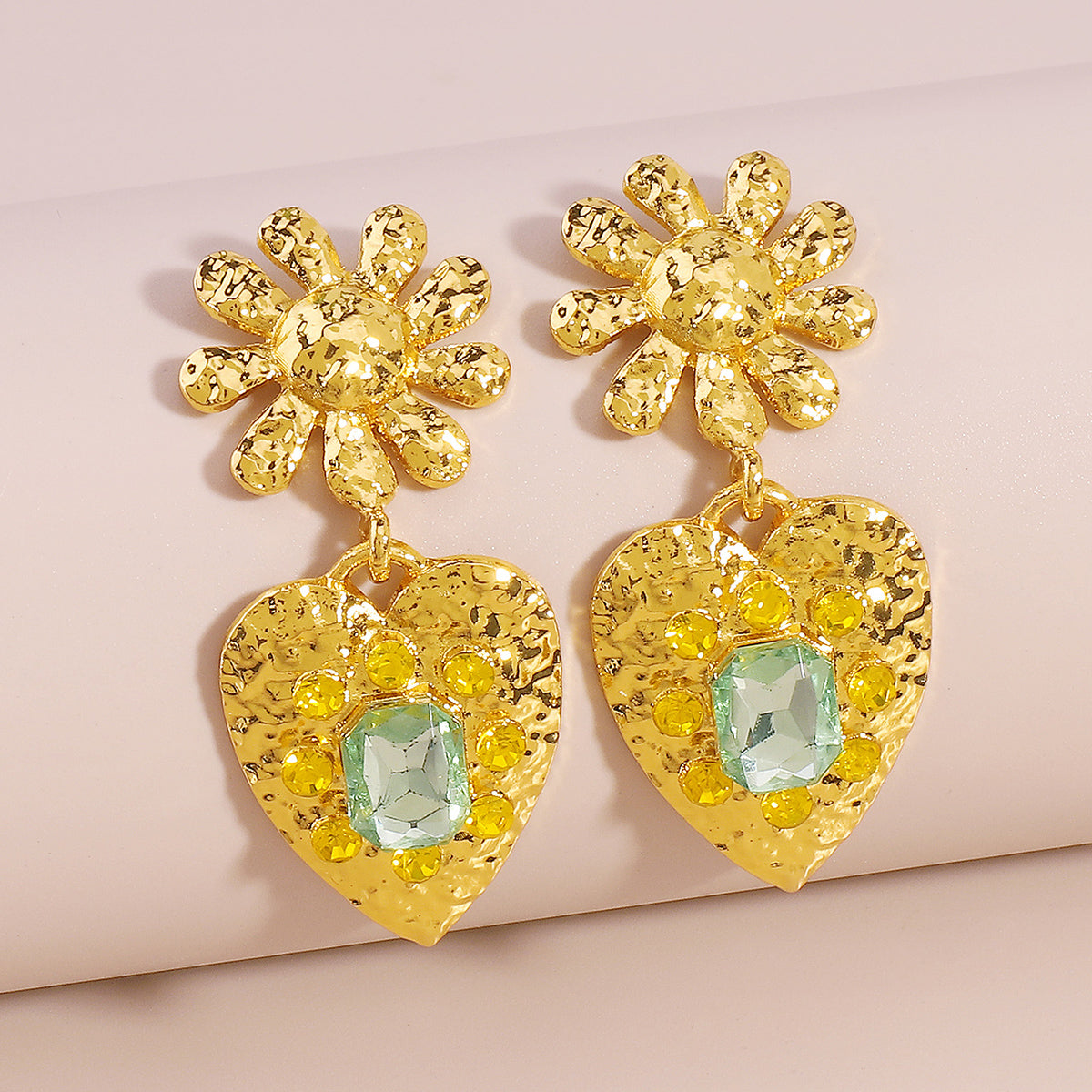 Green Crystal & 18K Gold-Plated Flower Heart Drop Earrings