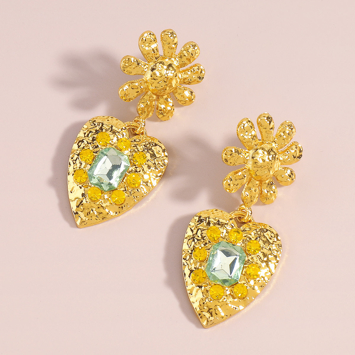 Green Crystal & 18K Gold-Plated Flower Heart Drop Earrings