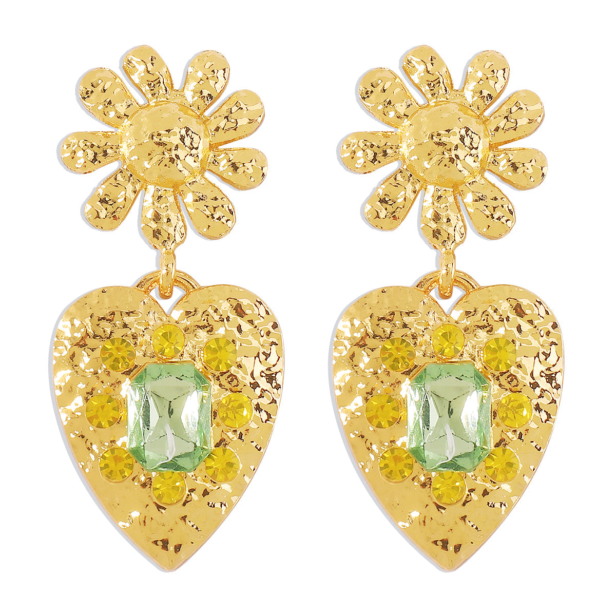 Green Crystal & 18K Gold-Plated Flower Heart Drop Earrings