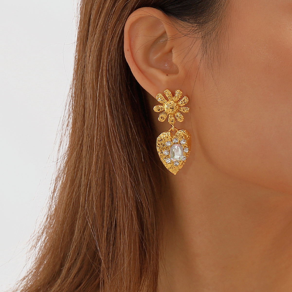 Crystal & 18K Gold-Plated Flower Heart Drop Earrings