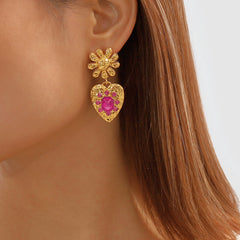 Rose Crystal & 18K Gold-Plated Flower Heart Drop Earrings