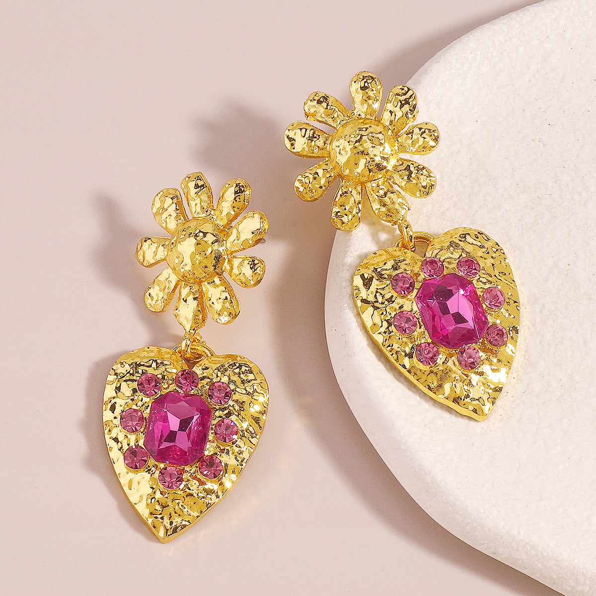 Rose Crystal & 18K Gold-Plated Flower Heart Drop Earrings