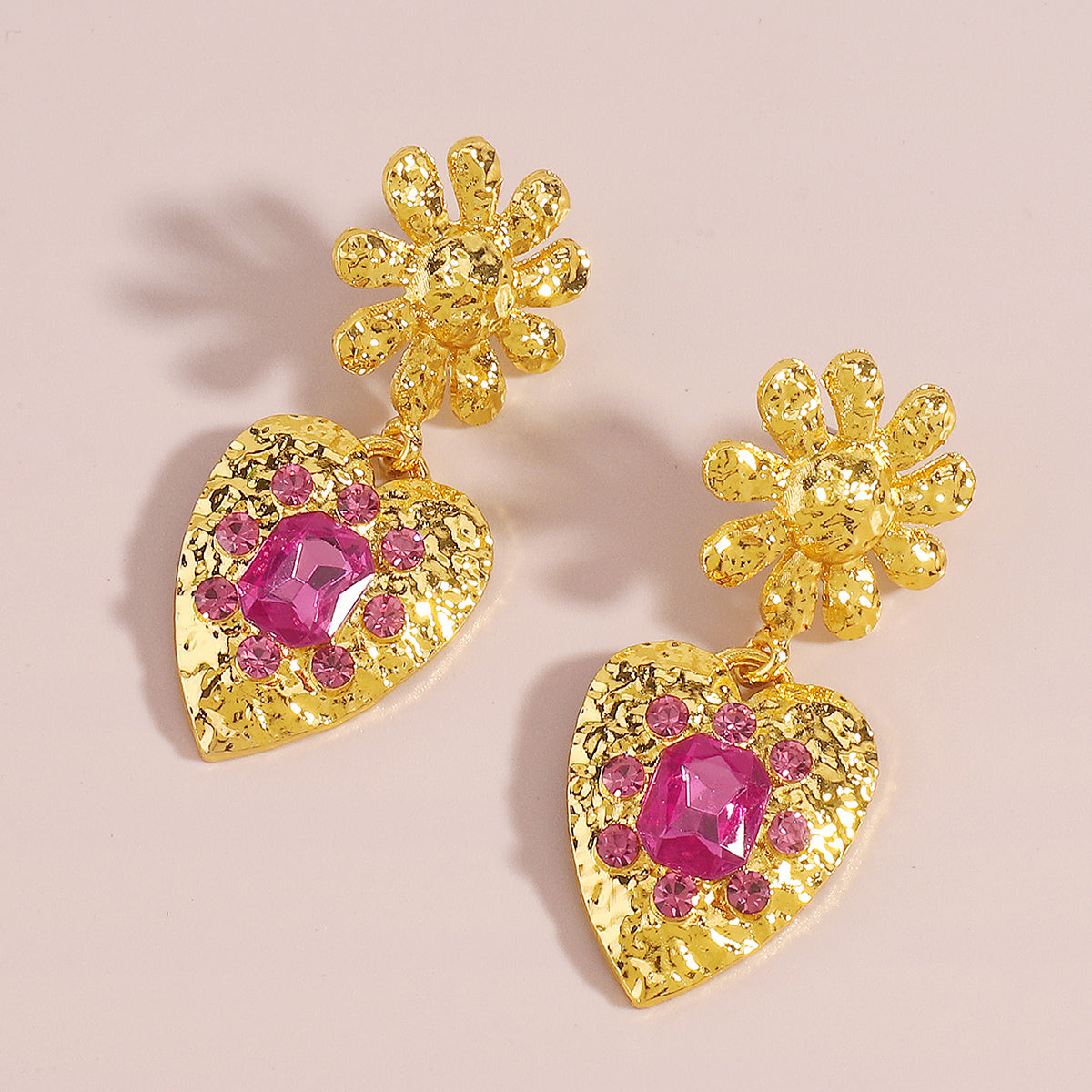 Rose Crystal & 18K Gold-Plated Flower Heart Drop Earrings