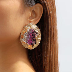 Purple Cubic Zirconia & 18K Gold-Plated Textured Oval Stud Earrings