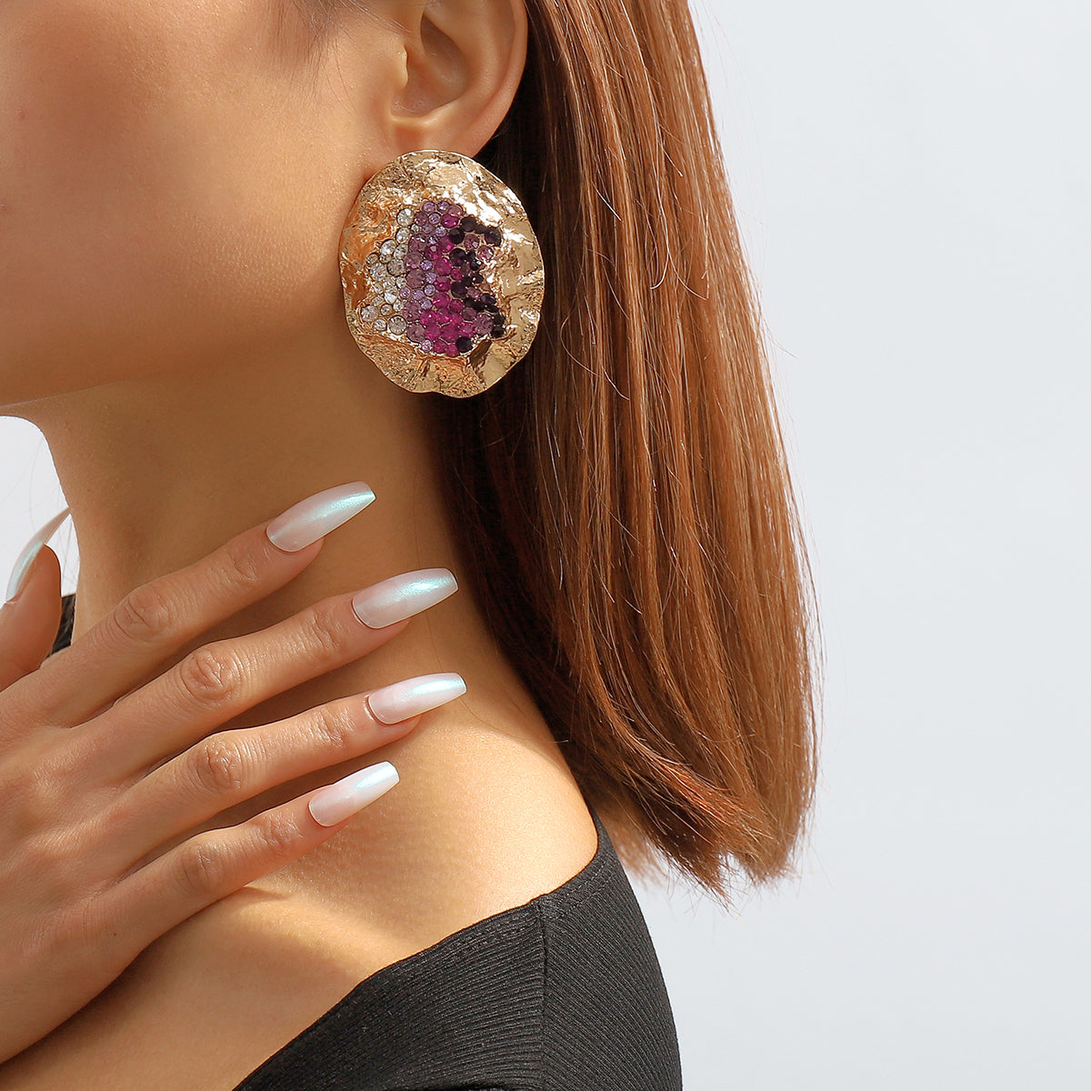 Purple Cubic Zirconia & 18K Gold-Plated Textured Oval Stud Earrings