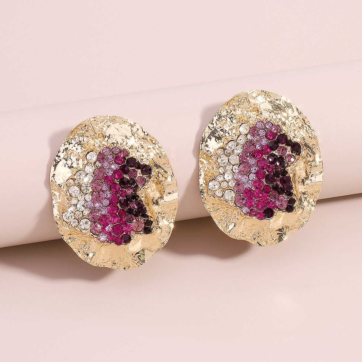 Purple Cubic Zirconia & 18K Gold-Plated Textured Oval Stud Earrings