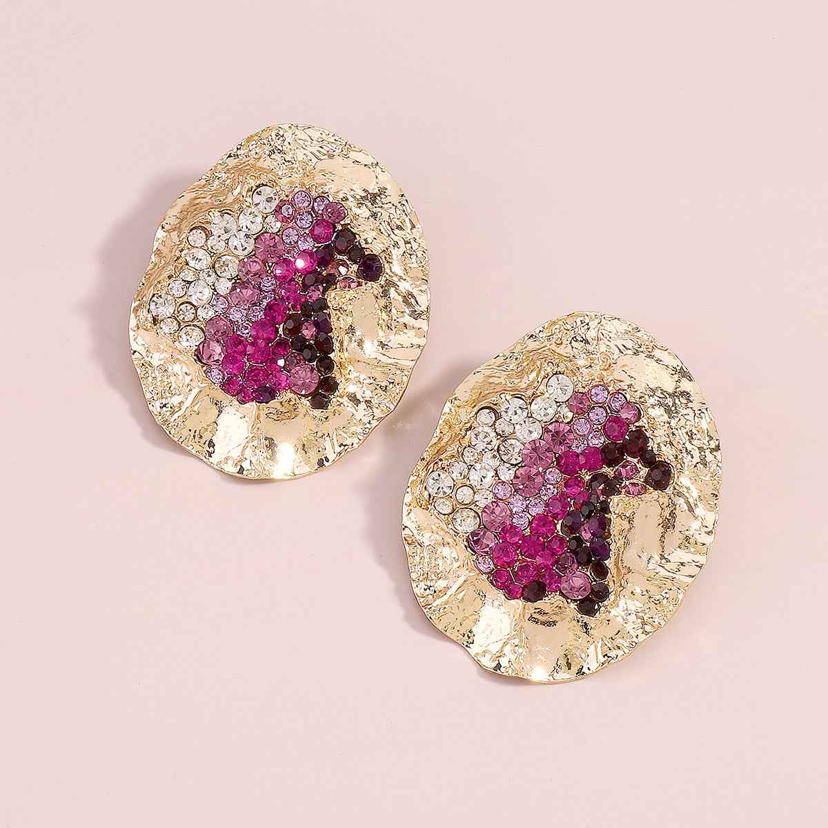 Purple Cubic Zirconia & 18K Gold-Plated Textured Oval Stud Earrings