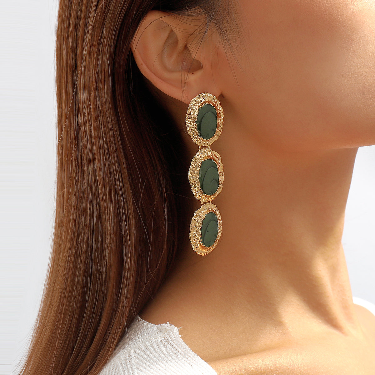 Dark Green Enamel & 18K Gold-Plated Textured Oval Trio Drop Earrings