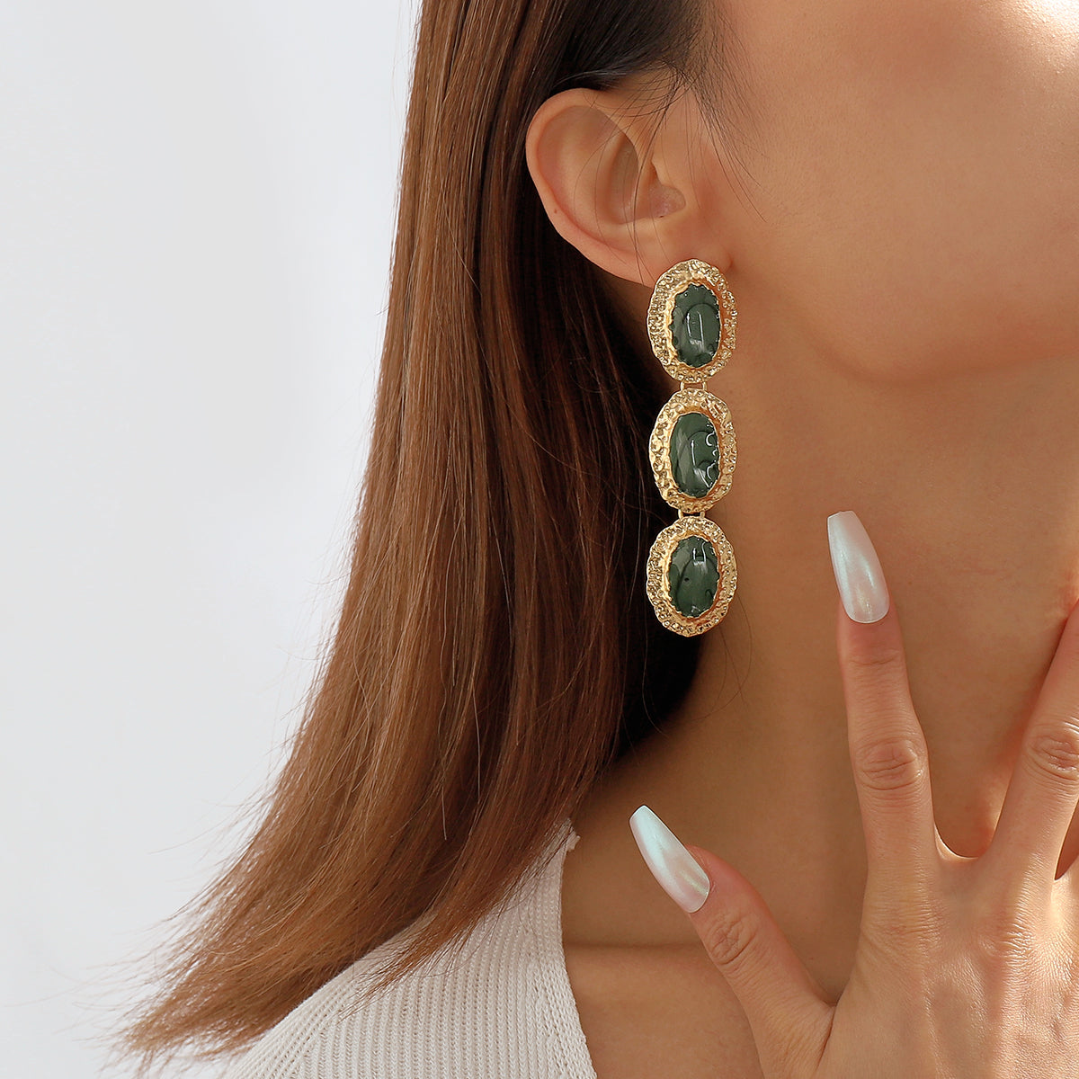 Dark Green Enamel & 18K Gold-Plated Textured Oval Trio Drop Earrings