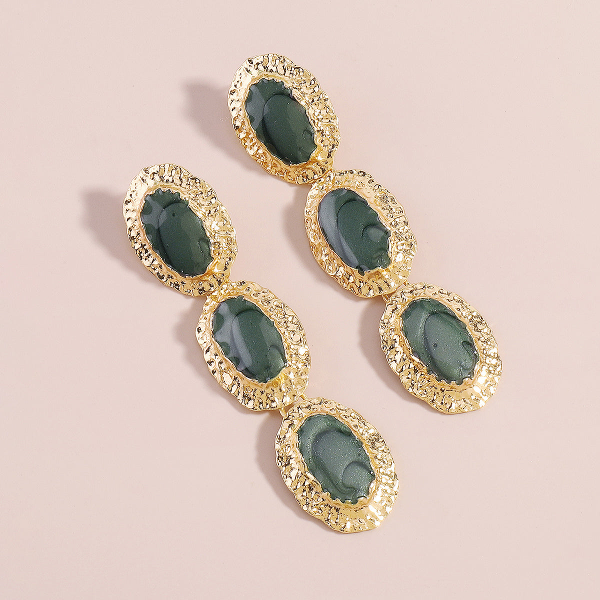 Dark Green Enamel & 18K Gold-Plated Textured Oval Trio Drop Earrings