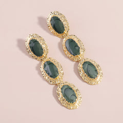 Dark Green Enamel & 18K Gold-Plated Textured Oval Trio Drop Earrings