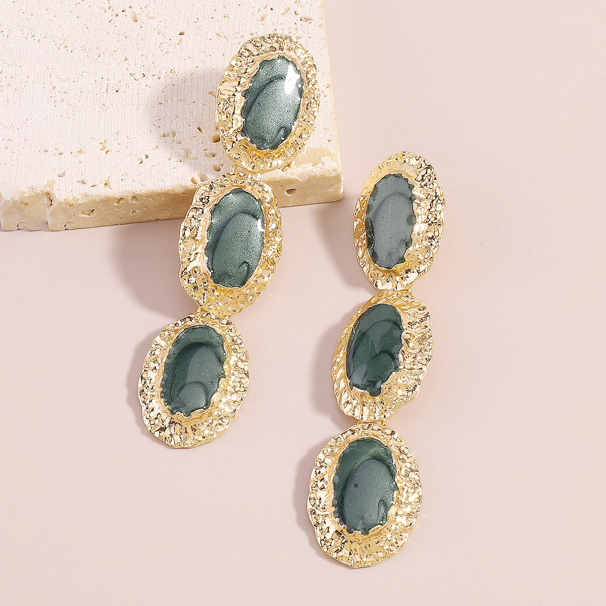 Dark Green Enamel & 18K Gold-Plated Textured Oval Trio Drop Earrings