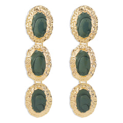 Dark Green Enamel & 18K Gold-Plated Textured Oval Trio Drop Earrings