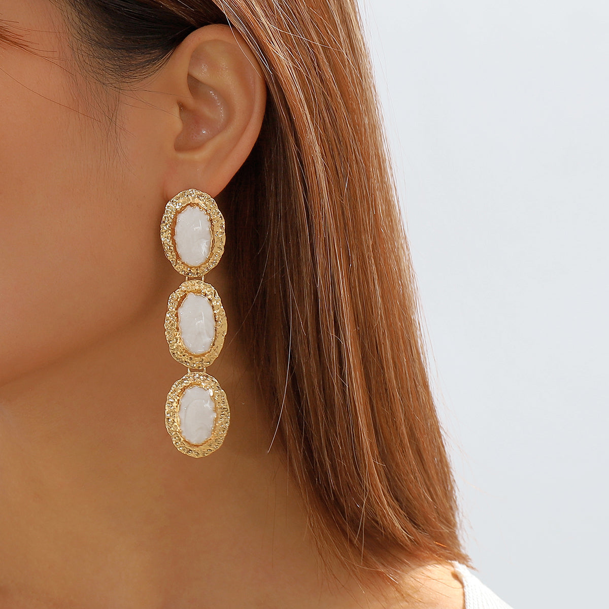 White Enamel & 18K Gold-Plated Textured Oval Trio Drop Earrings