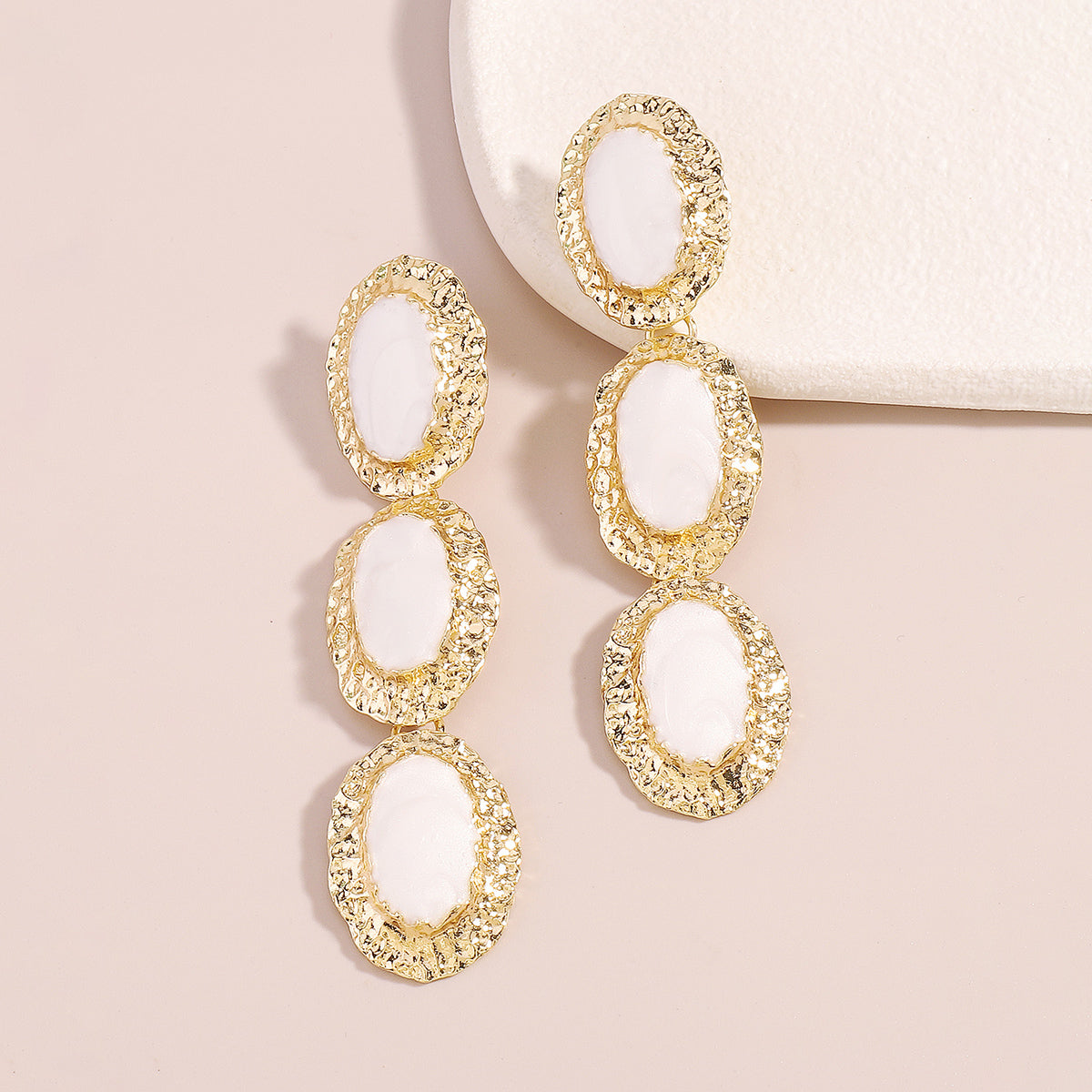 White Enamel & 18K Gold-Plated Textured Oval Trio Drop Earrings