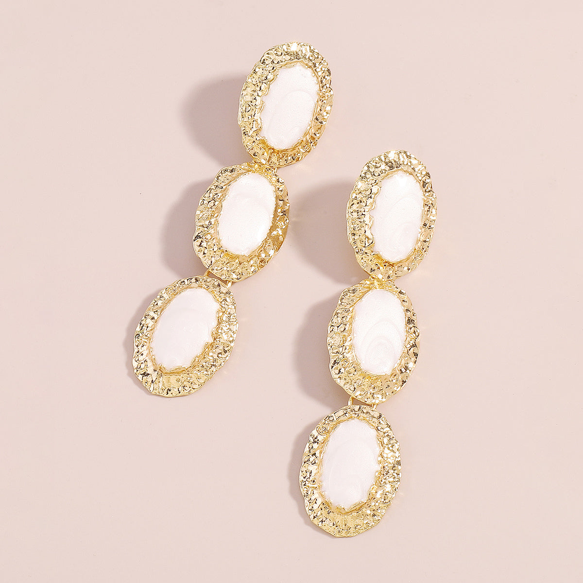 White Enamel & 18K Gold-Plated Textured Oval Trio Drop Earrings