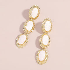 White Enamel & 18K Gold-Plated Textured Oval Trio Drop Earrings