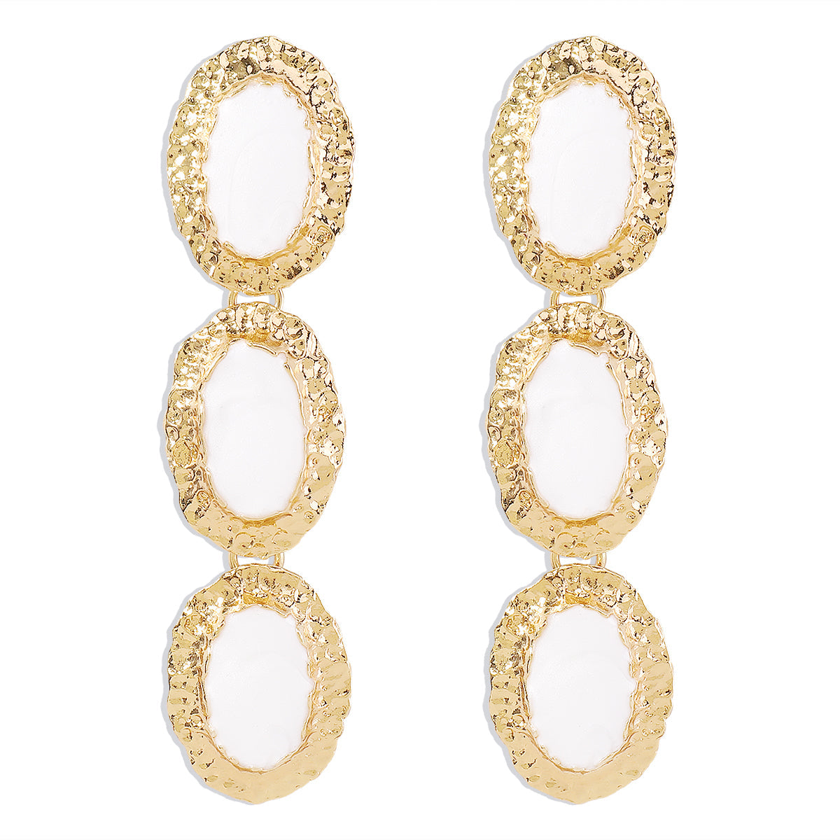 White Enamel & 18K Gold-Plated Textured Oval Trio Drop Earrings