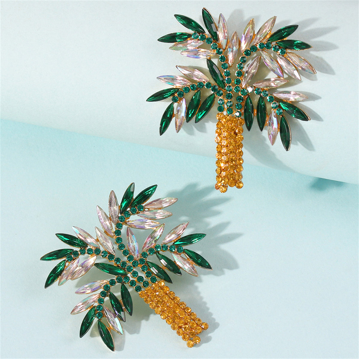 Green Crystal & Cubic Zirconia Coconut Palm Stud Earrings