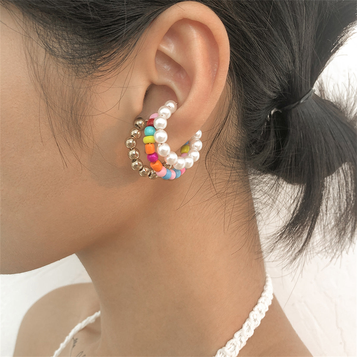 Multicolor Howlite & Pearl 18K Gold-Plated Beads Ear Cuff Set