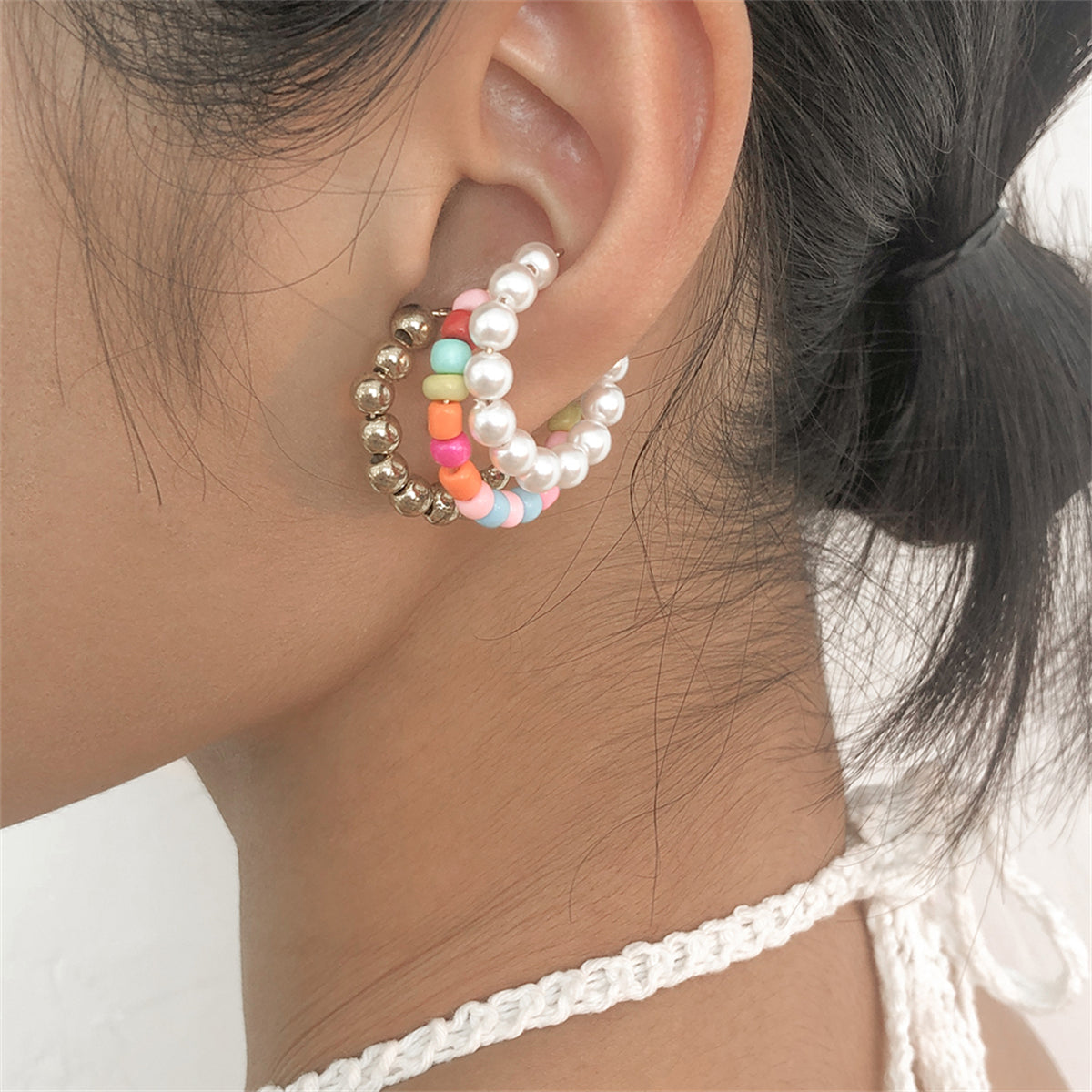 Multicolor Howlite & Pearl 18K Gold-Plated Beads Ear Cuff Set