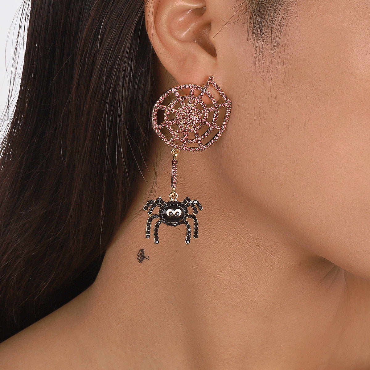 Cubic Zirconia & 18K Gold-Plated Cobweb Spider Drop Earring