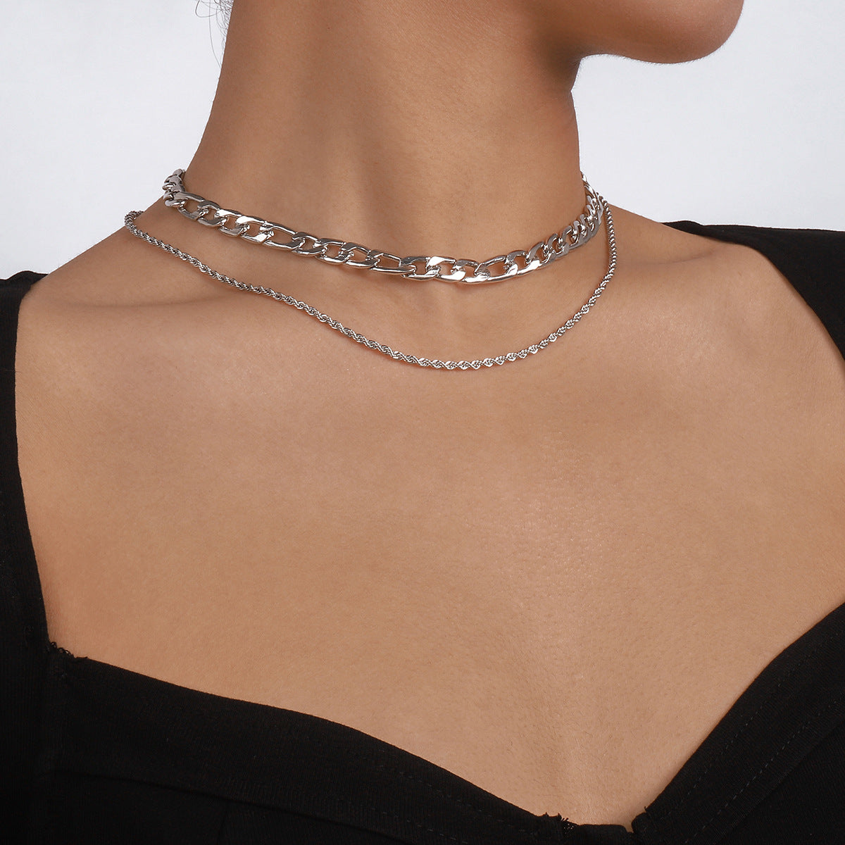 Silver-Plated Curb-Chain & Rope-Chain Layered Necklace