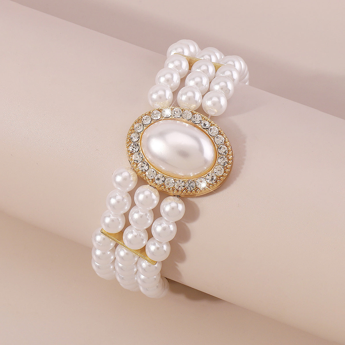 Cubic Zirconia & Pearl 18K Gold-Plated Oval Layered Bracelet