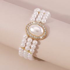 Cubic Zirconia & Pearl 18K Gold-Plated Oval Layered Bracelet